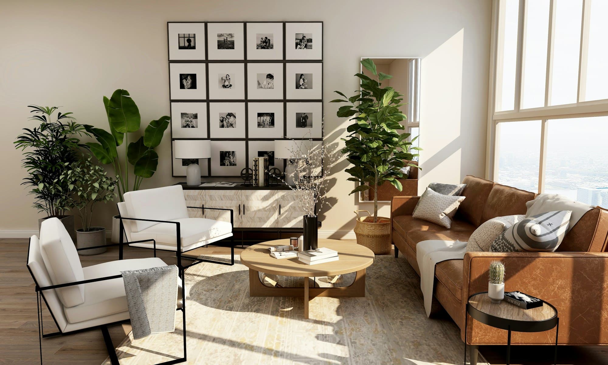 Sunlit contemporary living room with a round wood table, leather sofa, gallery wall, and indoor plants